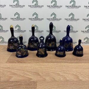 Vtg Cobalt Blue Porcelain Bells Set 8 Peacock Floral Gold Trim Japanese Style